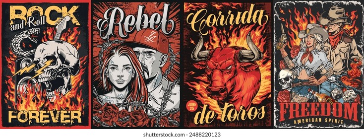 Rebel spirit colorful set posters with rock and roll advertising and invitation to Spanish corrida or cowboy quest vector illustration