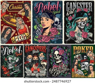 Rebel spirit colorful set stickers with girls from gang of gangsters making money from casinos or extortion vector illustration