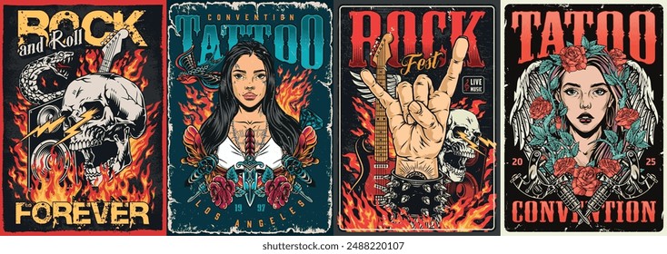 Pegatinas coloridas de Rebel Spirit para conciertos de rock and roll o estudio de tatuajes para la Ilustración vectorial de gente valiente