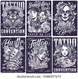 Afiches monocromos de Rebel Spirit para promocionar la convención del tatuaje o las chicas valientes que trabajan entre la Ilustración vectorial de los gangsters