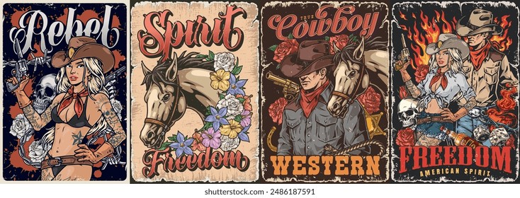 Rebel spirit set posters colorful with cowgirl and cowboy near horses in style of wild west and westerns vector illustration