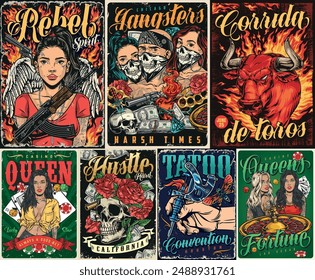 Rebel spirit set posters colorful with girls advertising casino or corrida and tattoo parlor or leading criminal lifestyle vector illustration