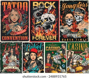 Rebel spirit set posters colorful promo tattoo convention and casino advertising or invitation to rock and roll festival vector illustration