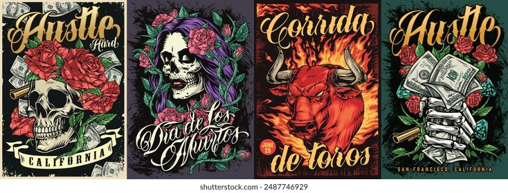 Rebel spirit set stickers colorful for lovers of adrenaline and hustle money or Spanish corrida vector illustration