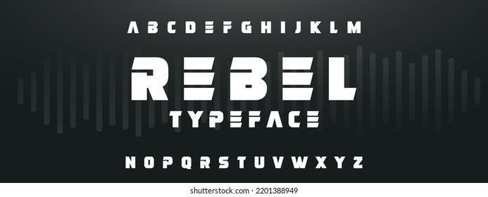 REBEL Sports Minimal Tech Font Letter Set. Luxury Vector Typeface For Company. Modern Gaming Fonts Logo Design.