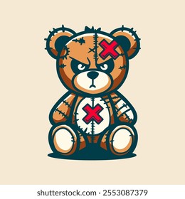 Rebelde Teddy Bear Cartoon Vetor Arte, Ilustração e Gráfico