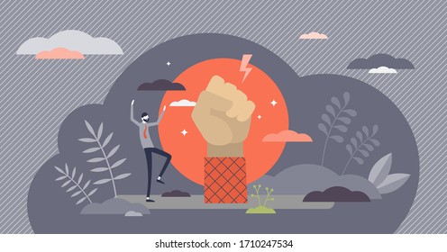 Rebel vector illustration. Revolution protest flat tiny persons concept. Riot and strength gesture as force and aggressive symbol. Independence fight against existing authority and civil anarchy power