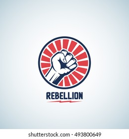 Rebellion Fist Symbol. Abstract Vector Emblem or Logo Template. Hand with Rays in a Circle Silhouette. Isolated.