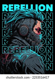 rebellion illustration with distorted text background, man with mask illustration