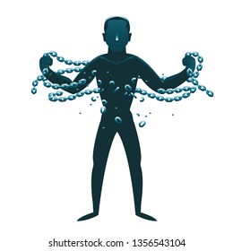 Rebellion little man release breaking chains liberation cartoon silhouette concept design vector illustration