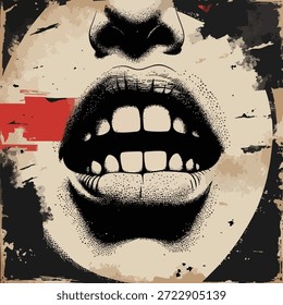 Concepto de rebelión y protesta: cara agresiva de gritos en estilo de arte callejero vintage