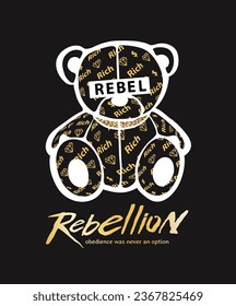 rebellion slogan with cartoon bear doll eyes censored vector illustration on black background