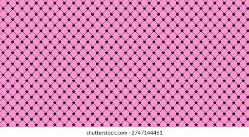 Rebellious emo pop punk vector pattern with pink hearts layered over a black fishnet grid. Alternative aesthetic background inspired by edgy fashion trends. Bold design for textiles, apparel.