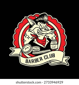 A rebellious fox with a sharp hairstyle and cool bandana stands beside pomade and comb tools in this bold red badge emblem—great for grooming labels, vintage-themed designs, or apparel branding.