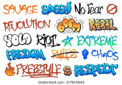 Rebellious Graffiti Lettering. Riot Street Art Scribbles, Freedom And Revolution Tags. Urban Freestyle Wall Taging Vector Set. Underground Culture Cartoon Writing Isolated On White