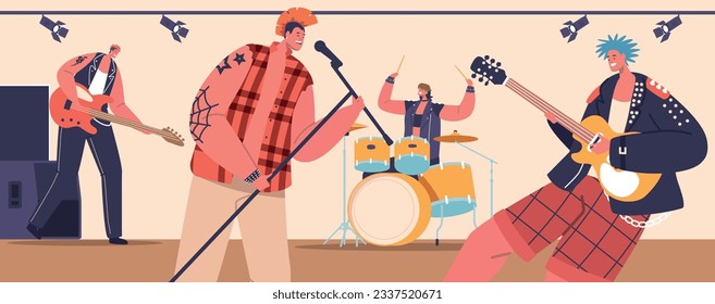 Rebellious Musicians Creating Loud, Fast-paced Music With Guitars. Punk Rockers Pushing Boundaries Vector Illustration