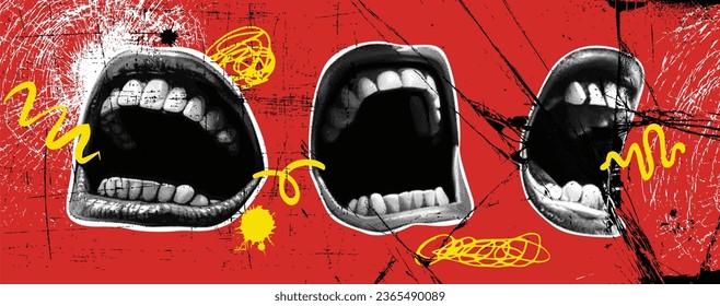 Rebellious Punk Fusion, An artistic collage featuring a halftone-style depiction of an open mouth caught in a scream, a red and black backdrop, a Y2K vector banner, a blend of emotions and aesthetics.