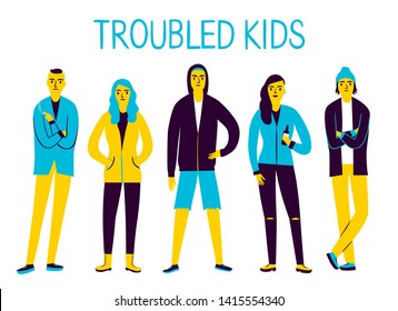 Rebellious teenagers set on white background. Kids drinking, smoking and looking aggressive. Cartoon illustration for your design.
