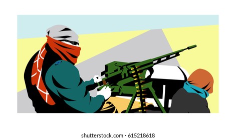 Rebels with a machine gun on the car are going to the war. Clip art. Cartoon.