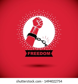 Rebels red arm with clenched fist in shackles breaks the chain. Freedom for the personality