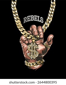 slogan rebeldes com a mão segurando ilustração vetor gráfico colar dourado no fundo preto 