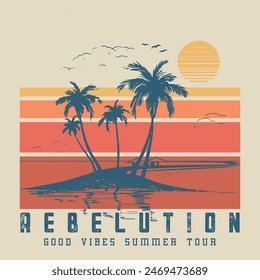 Rebelution buen rollo de verano tour California Ocean, llevarme al sol, California Beach Paradise Camiseta de impresión Diseño gráfico, eslogan de tipografía en el fondo de las palmeras para