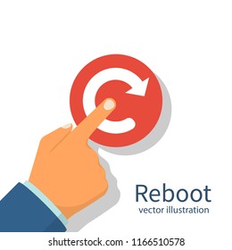 Reboot concept. Restarting technology. Hand to push big red button. Vector illustration flat design. Isolated on white background.
