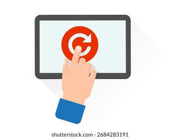 Concepto de reinicio. Reiniciando la tecnología. Mano para empujar el Botón rojo grande. Diseño plano de Ilustración vectorial. Aislado sobre fondo blanco.