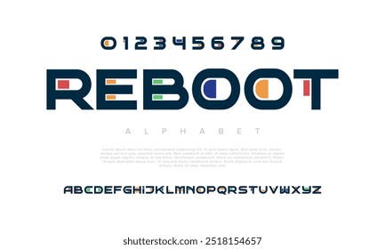 Reboot creative modern geometric urban alphabet font. Digital abstract futuristic, game, techno, robot, music, logo, sport, minimal technology typography. Simple numeric vector illustration