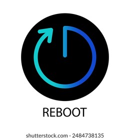 Reboot icon illustration. Blue gradient arrow. Black circle background. Text label included.
