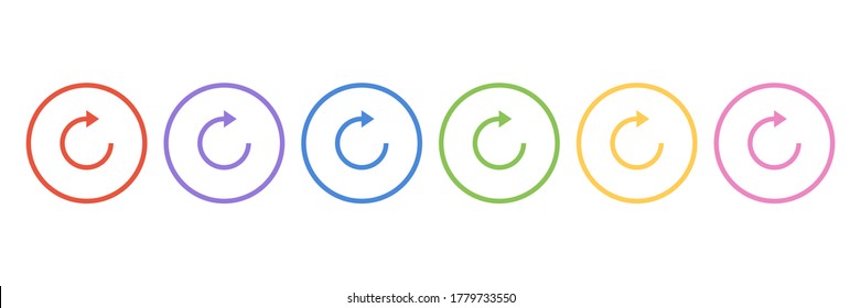 Reboot sign icon set. Colored circle vector arrows pictogram refresh reload rotation. Element for mobile concept and web apps.