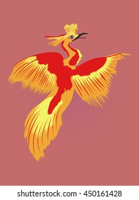 Reborn Phoenix pop art drawing. Fire bird drawing with black dotted red background. Cartoon illustration of legendary Phoenix. 
