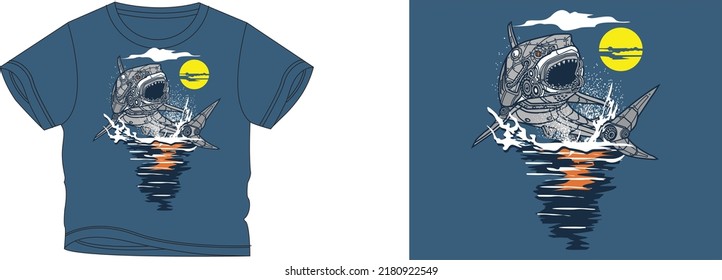 rebot shark t-shirt design background color is a purple blue and t-shirt color is a purple blue beautiful color and beautiful design