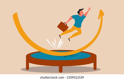 Rebound power enterprise and business economic spring graph jump up. Success trampoline arrow vector illustration concept. Man bounce and ascend fast chart. Businessman fly and growth positive earn