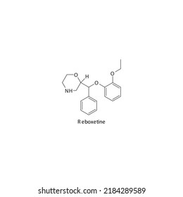 Reboxetine molecule flat skeletal structure, Selective NRI - Selective norepinephrine reuptake inhibitor class drug used in depression, ADHD treatment. Vector illustration on white background.