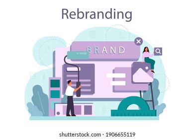 Rebranding concept. Rebuilding marketing strategy and design of a company or product. Brand recognition development as a part of business plan. Isolated flat vector illustration