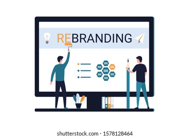 Rebranding concept. Two men create a new look for a company, product, service, manage brand reputation, change name, logo, marketing strategy. Flat vector illustration isolated on white background.