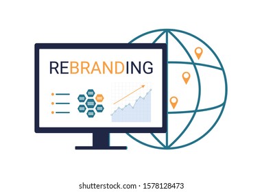 Rebranding and creating a new look for a product or company in the global market. Creating a brand’s marketing strategy, changing the name, logo. Flat vector illustration isolated on white background