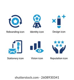Rebranding, Identity, Design, Stationery, Vision, Reputation, Blue Icon Set