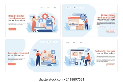 Rebranding Strategy Web Illustrations. Contraer un conjunto de ilustraciones vectoriales que exhiben etapas de transformación digital, desarrollo de conceptos y mejora de beneficios en el rediseño de marca. Vector plano.