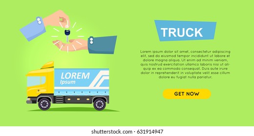 Rebting truck online car sale web banner vector illustration. Encouraging people to buy truck. Transport advertising company e-commerce concept. Business agreement of getting new keys of truck.