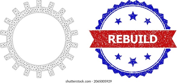 Rebuild Scratched Stamp, And Gear Icon Network Structure. Red And Blue Bicolored Stamp Seal Has Rebuild Title Inside Ribbon And Rosette. Abstract Flat Mesh Gear, Created From Flat Mesh.