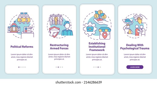 Reconstruyendo la pantalla de aplicaciones móviles de la nación. Recorrido de marco institucional 4 pasos de páginas de instrucciones gráficas con conceptos lineales. UI, UX, plantilla GUI. Multitud de tipos de letra Pro-Bold, con uso regular