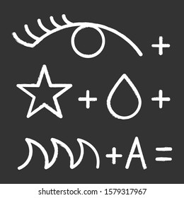 Rebus chalk icon. Conundrum, brainteaser. Abstract reasoning. Ingenuity, intelligence, knowledge test. Brain teaser. Problem solving. Solution finding. Isolated vector chalkboard illustration