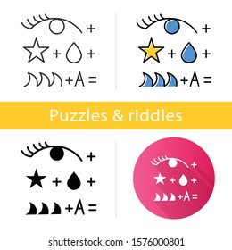 Rebus icon. Conundrum, brainteaser. Abstract reasoning. Ingenuity, intelligence, knowledge test. Brain teaser. Solution finding. Flat design, linear and color styles. Isolated vector illustrations