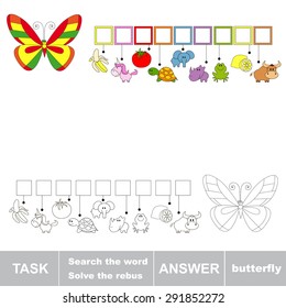 Rebus kid game. Search the word BUTTERFLY. Find hidden word. Task and answer. Game for children.