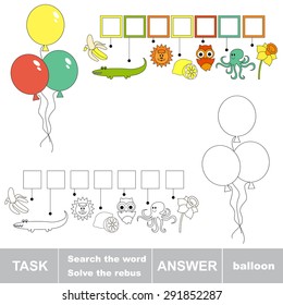 Rebus kid game. Search the word BALLOON. Find hidden word. Task and answer. Game for children.