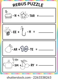 Rebus puzzles for kids, creative brain teasers, and picture puzzles to exercise a kid's brain worksheet Answer: bus, book, pen, teacher