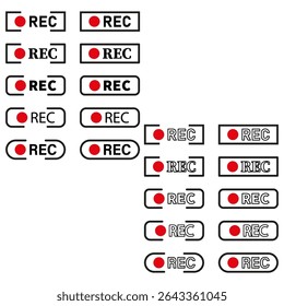 REC label set. Red record buttons. Video control icons. Vector media elements