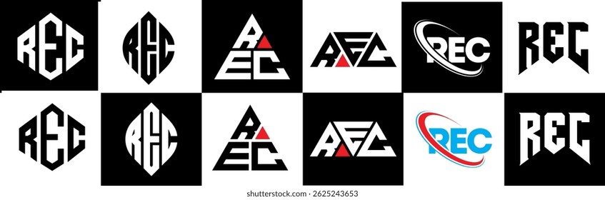 REC letter logo design in six style. REC polygon, circle, triangle, hexagon, flat and simple style with black and white color variation letter logo set in one artboard. REC minimalist and classic logo